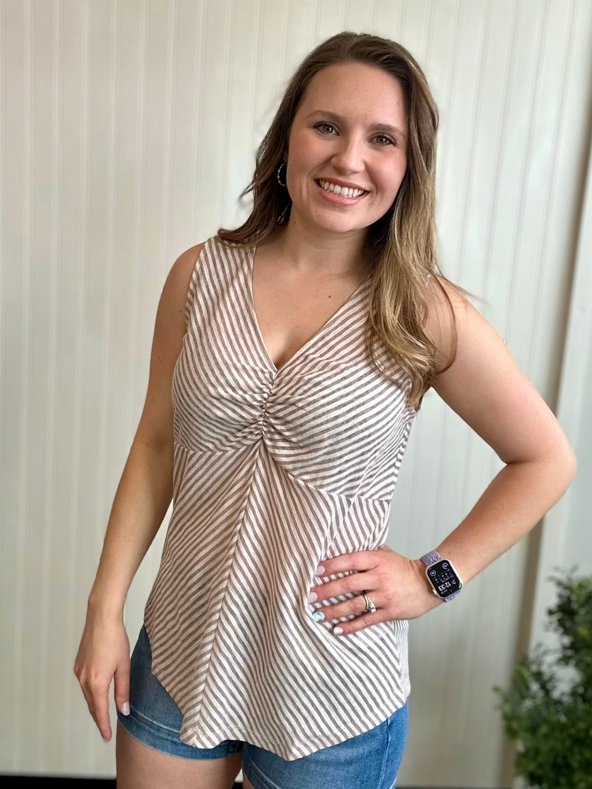 Blush/Grey Cinched Stripe Knit Top