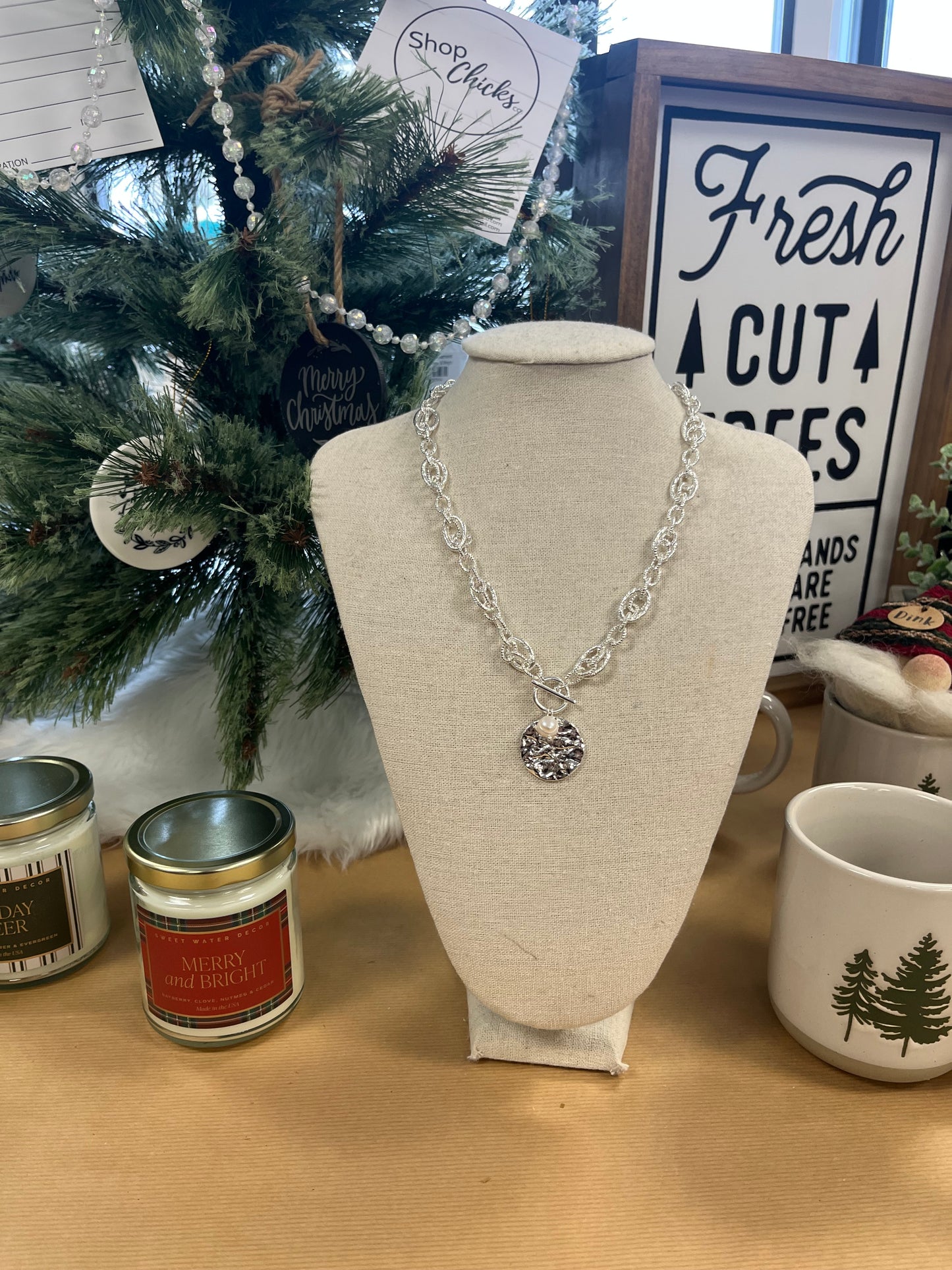 Silver Hammered Coin w/Pearl Necklace