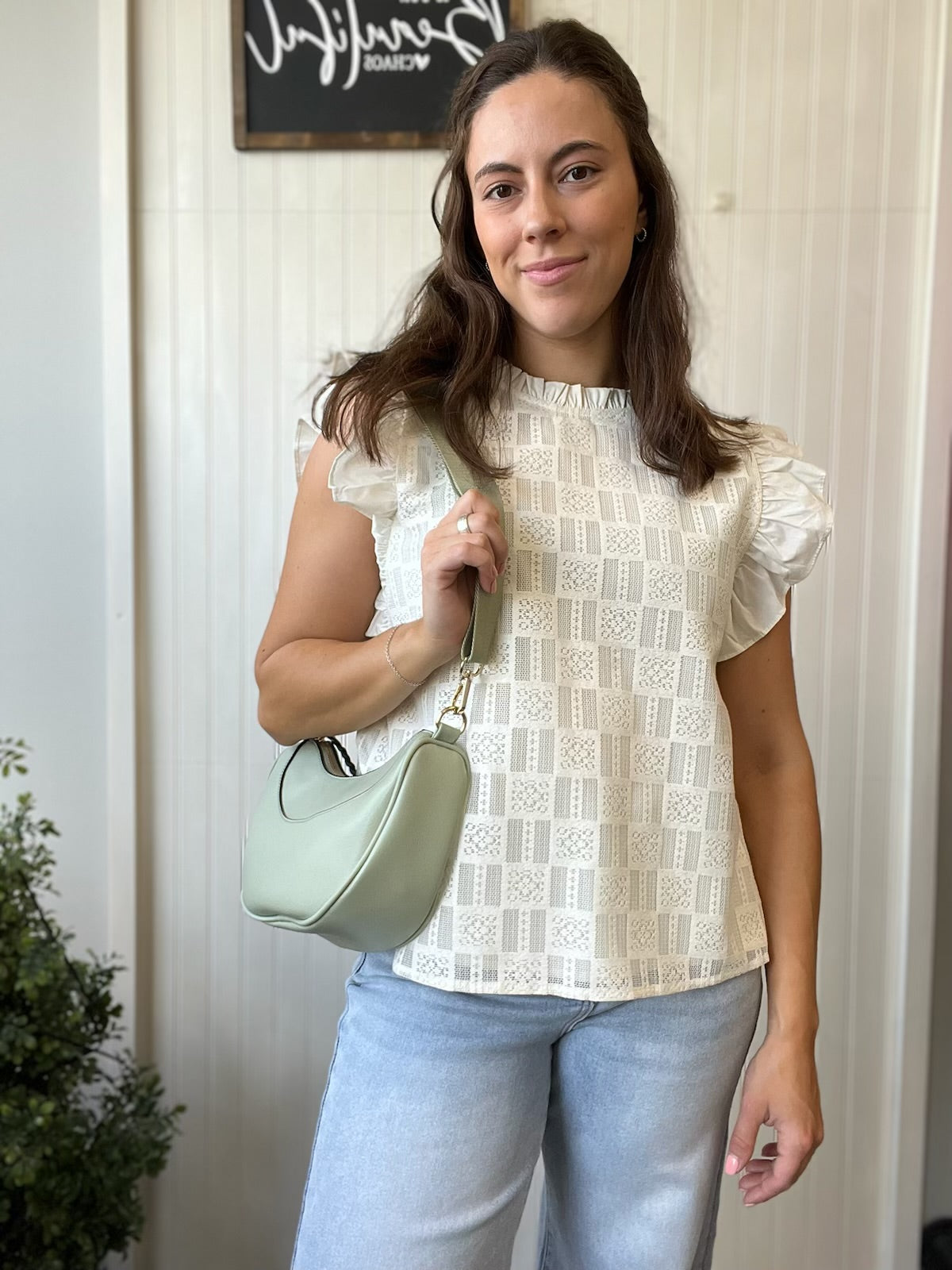 Off White Ruffle Cap Sleeve Top