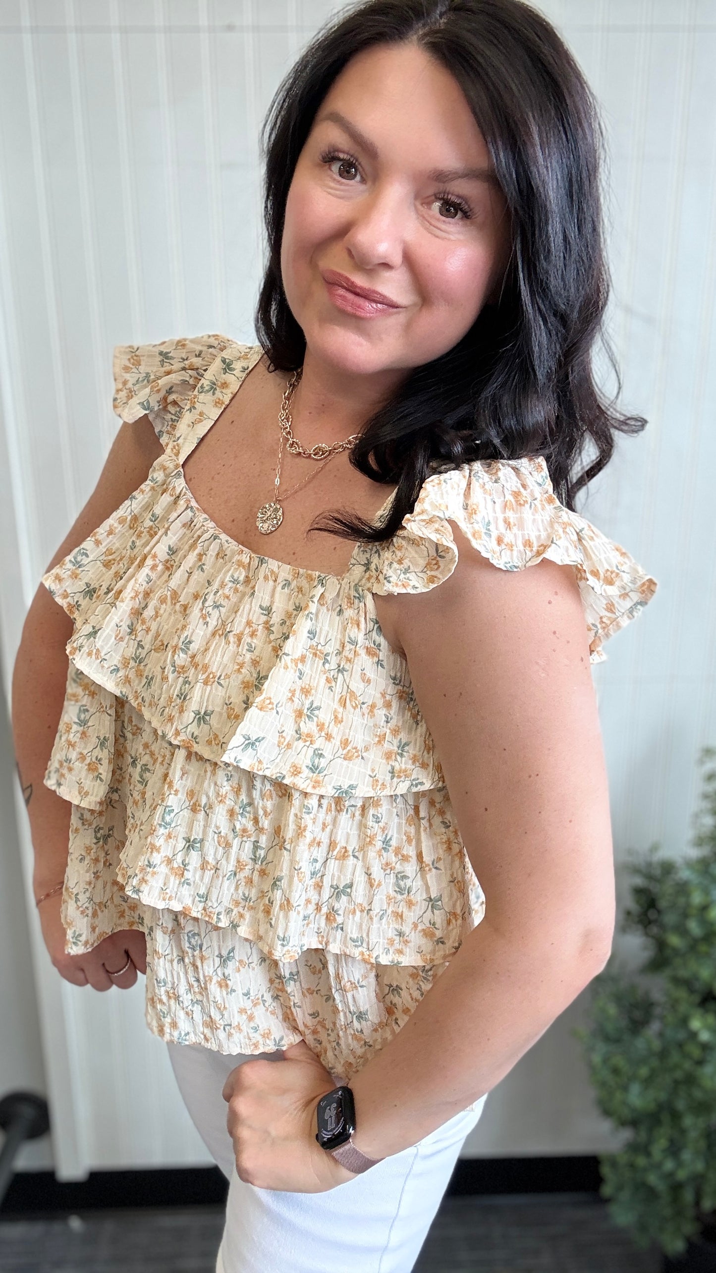 Ivory Floral Ruffle Tank