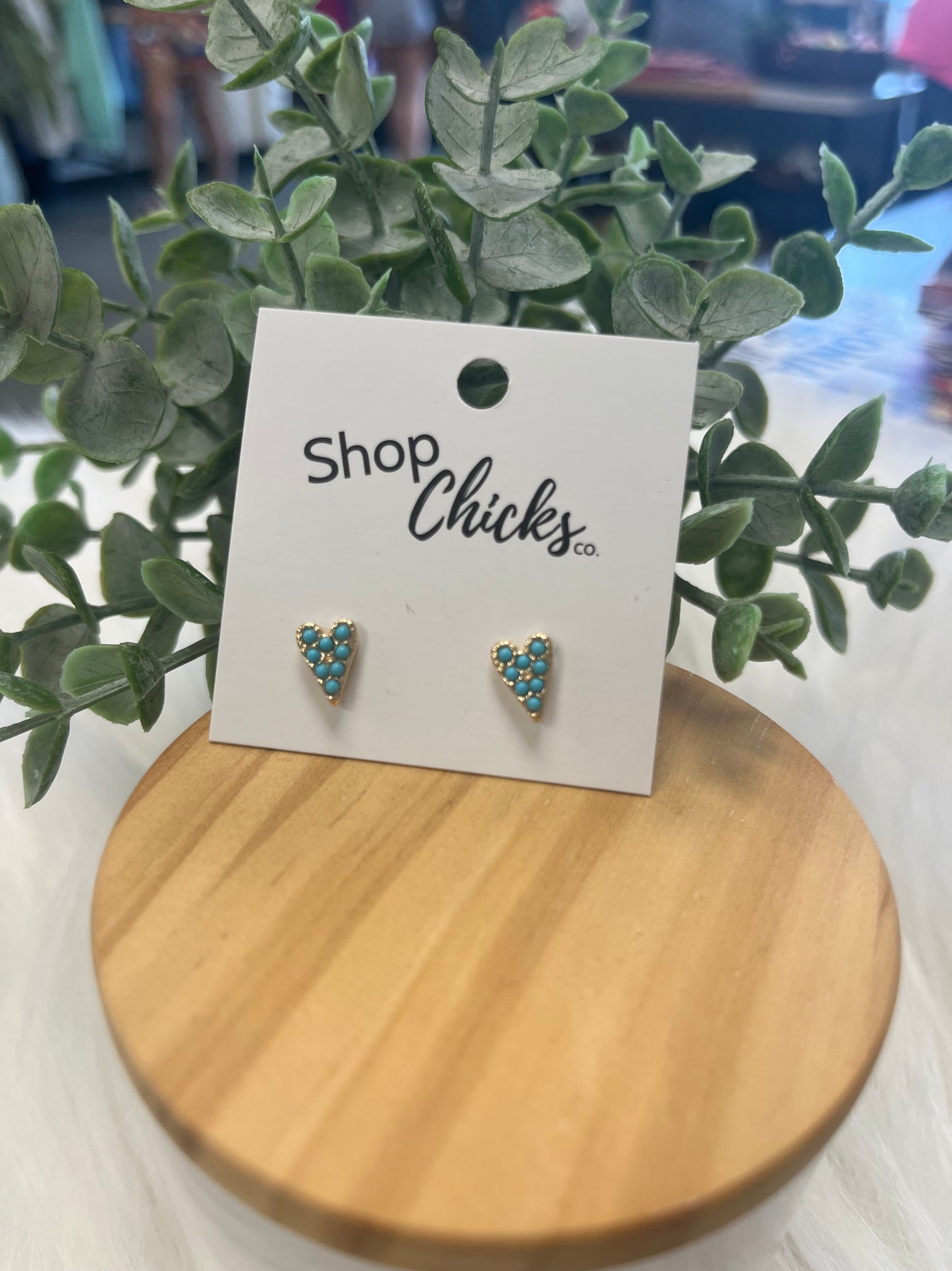 Small Heart Turquoise & Crystal Stud Earrings