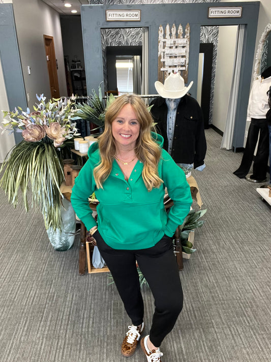 Fleece half snap button hooded sweatshirt