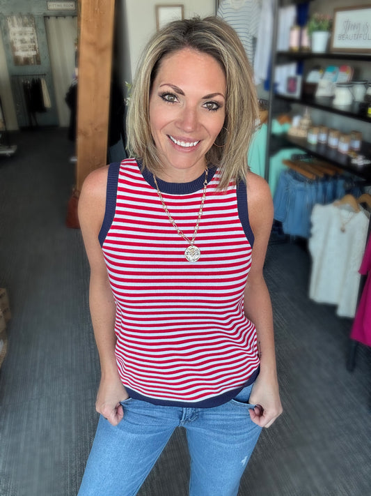 Red and Navy Striped Sweater Tank
