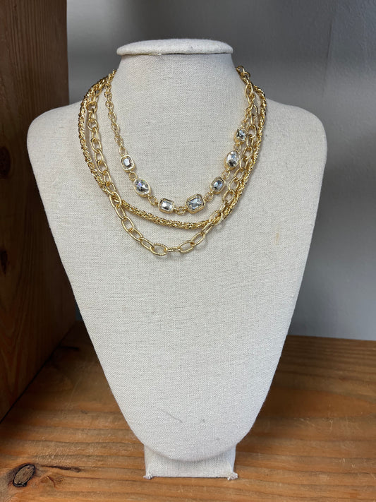 Gold Textured Layered Chain with Clear Crystal