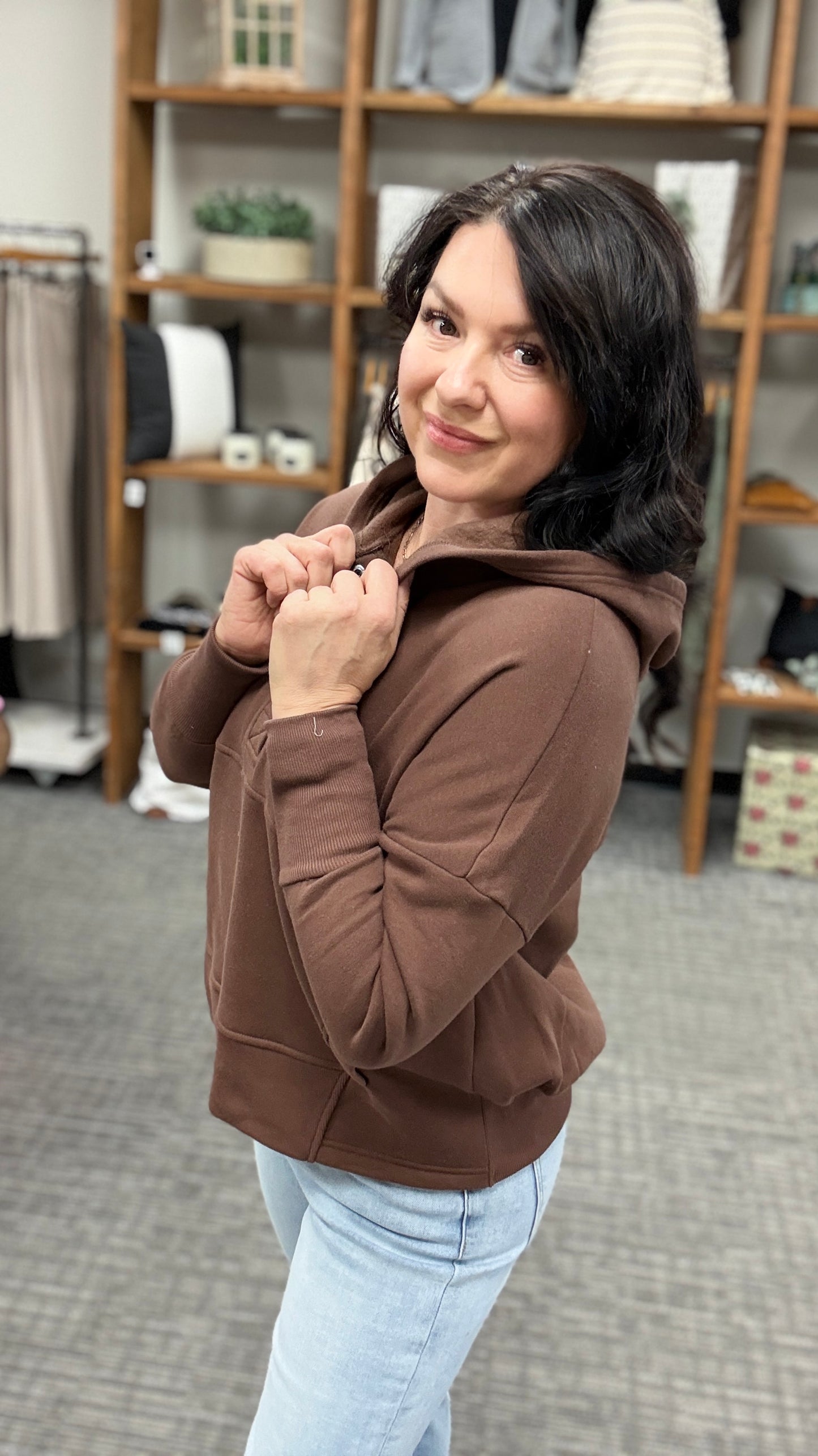 Fleece half snap button hooded sweatshirt