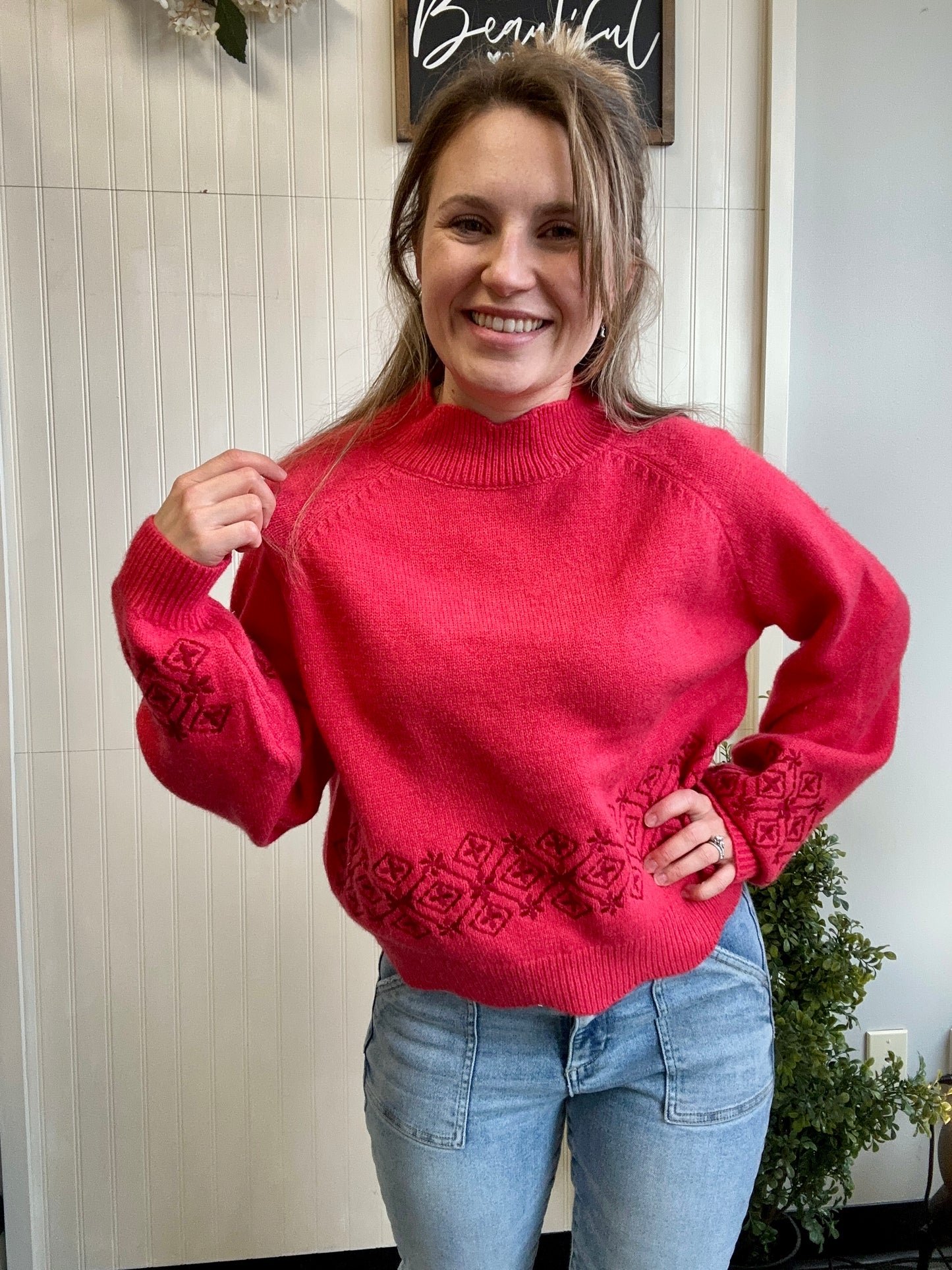 Coral Red Scallop Sweater