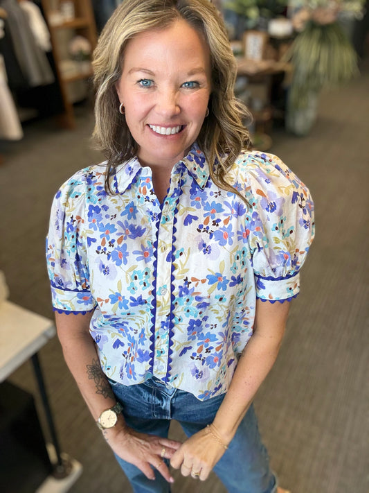 Blue Pico Trimmed Blouse