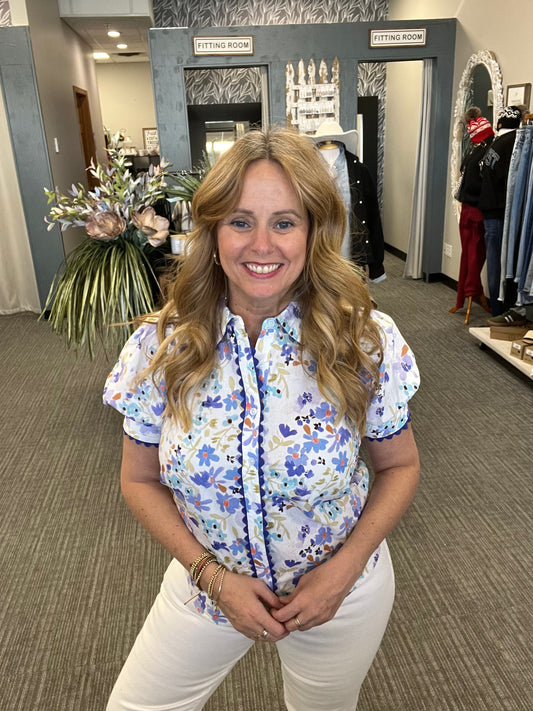 Blue Pico Trimmed Blouse