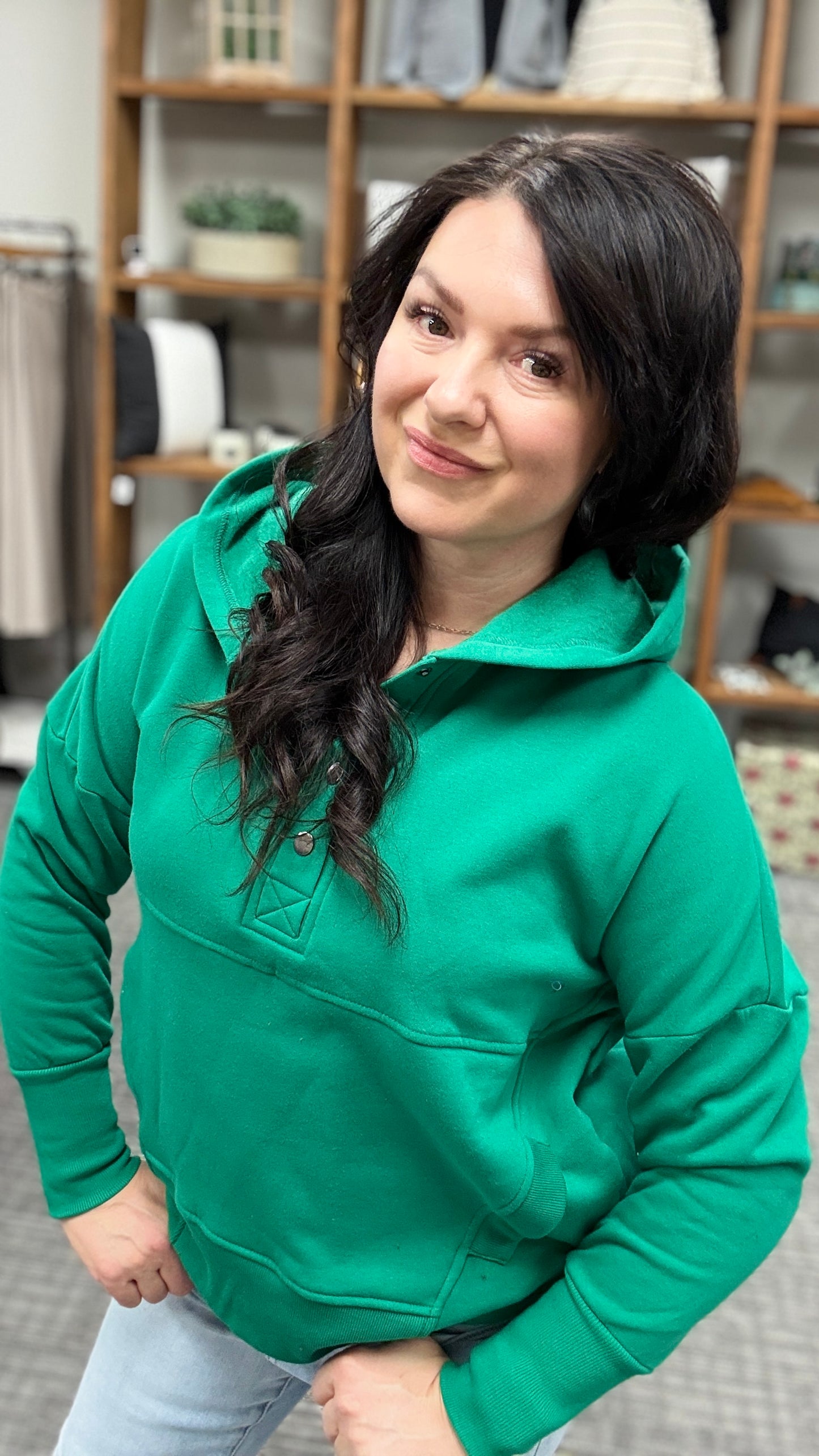 Fleece half snap button hooded sweatshirt