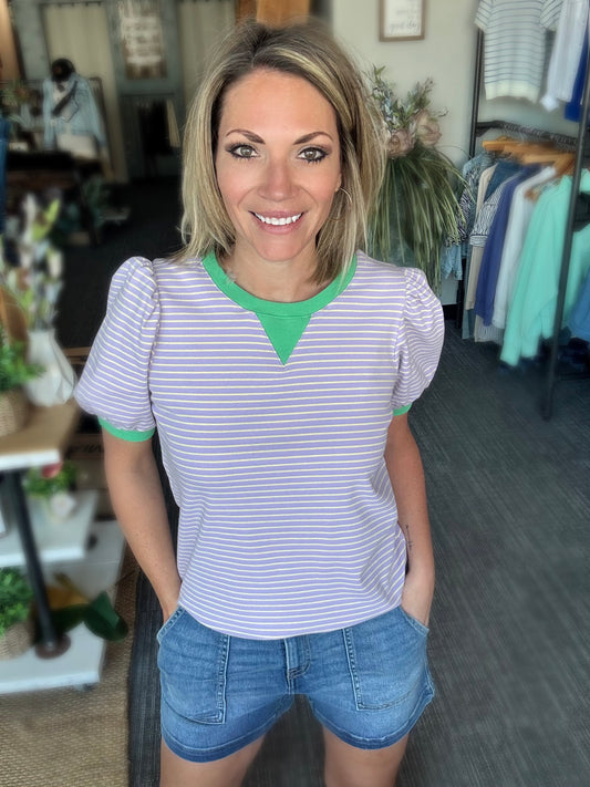 Lavender Striped Puff Sleeve T-Shirt