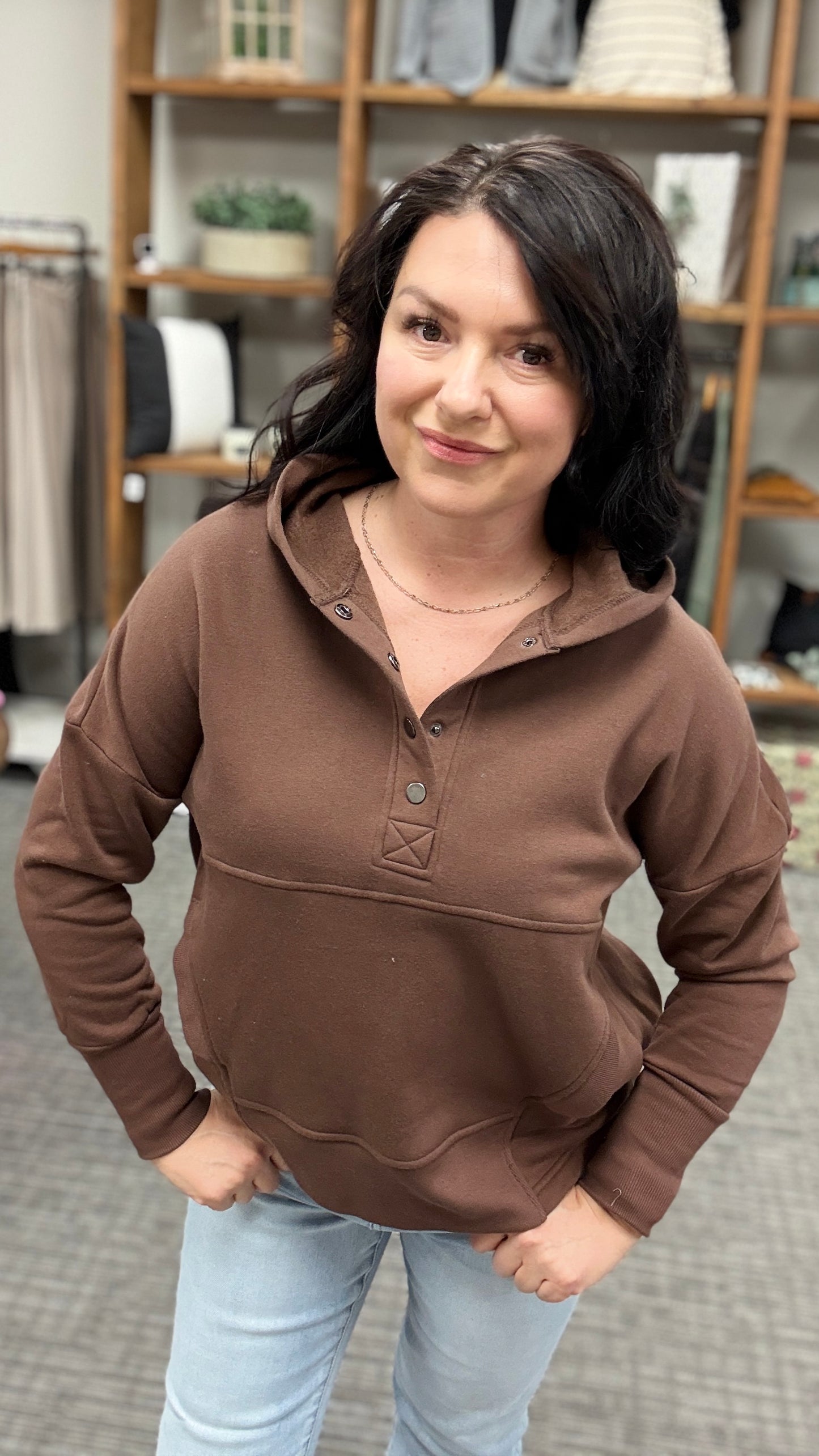 Fleece half snap button hooded sweatshirt