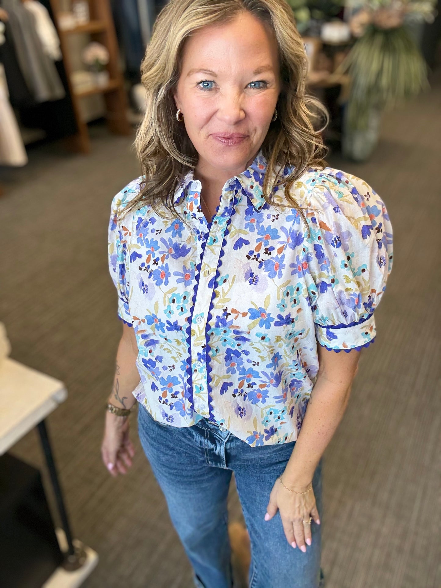 Blue Pico Trimmed Blouse