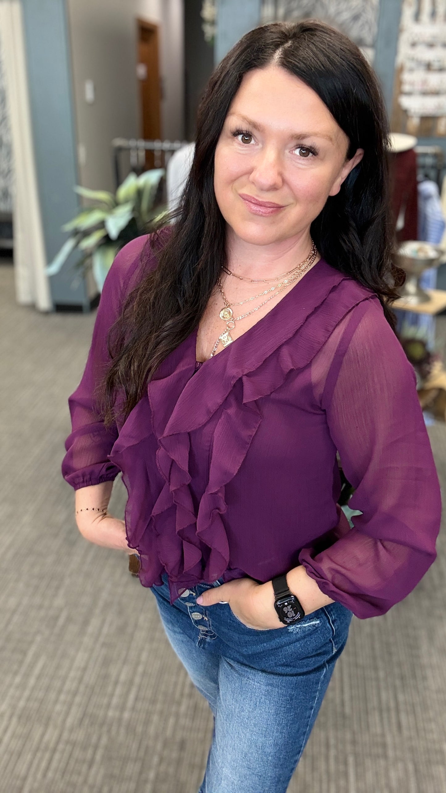 Wine Sheer Ruffle Top