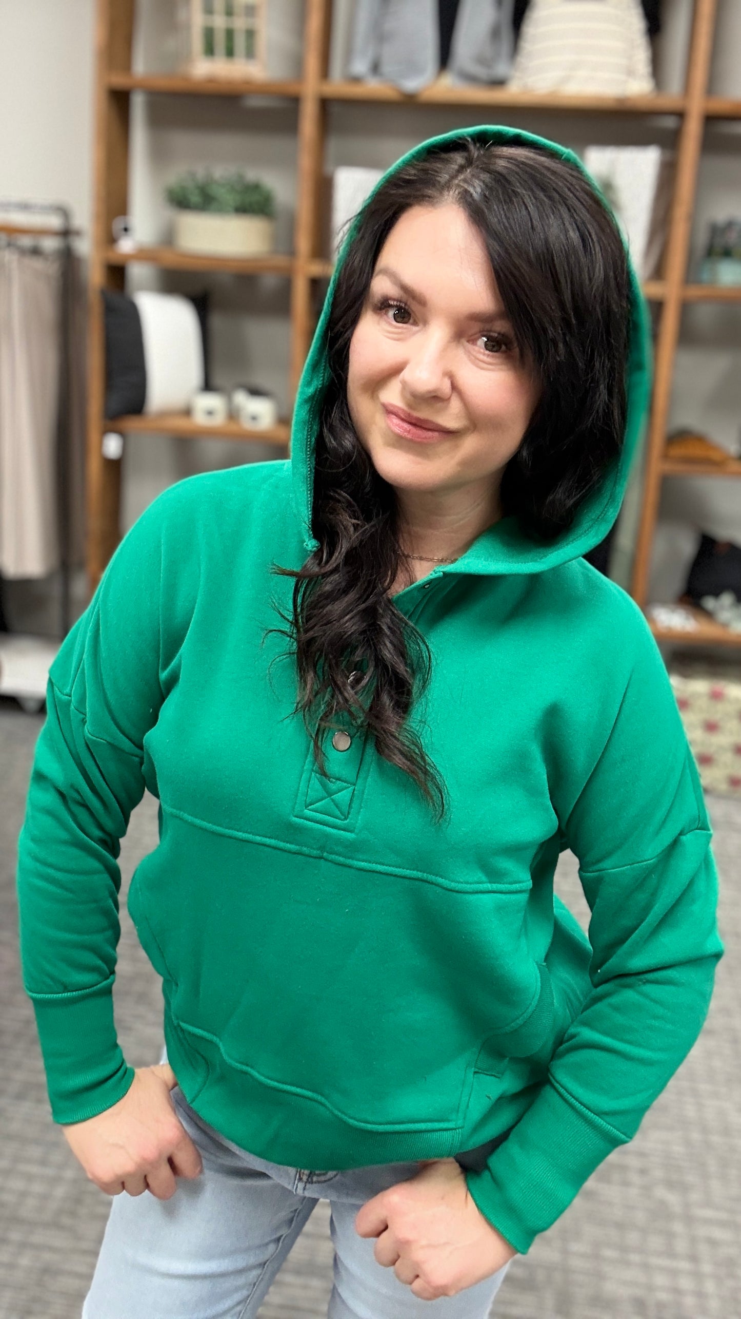 Fleece half snap button hooded sweatshirt