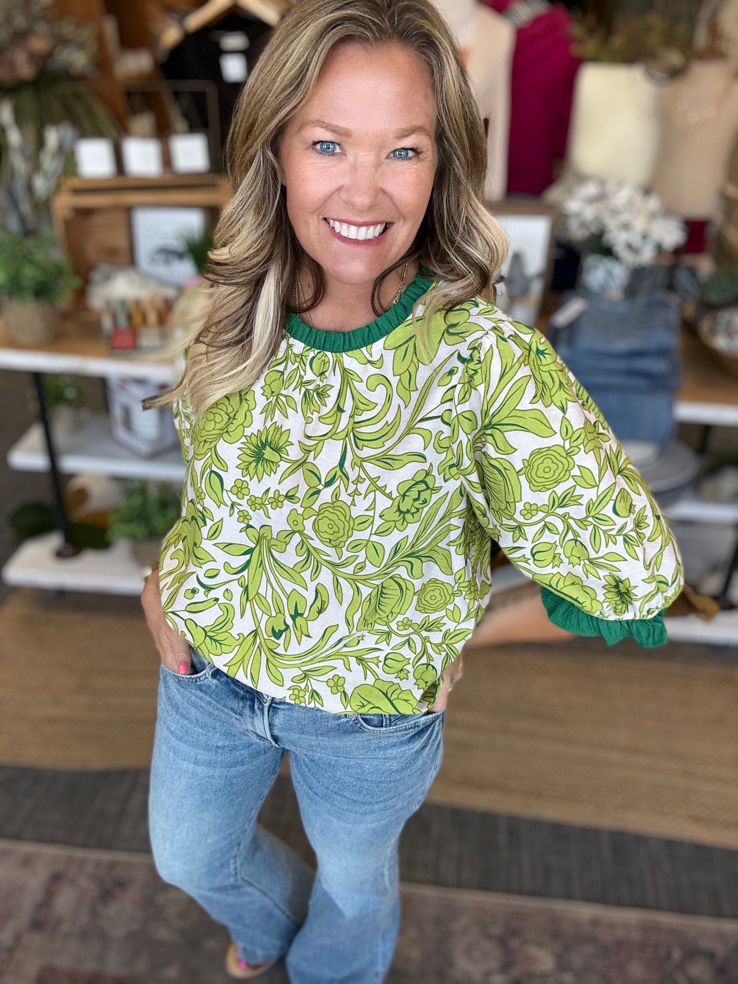 Elena Green Floral Blouse