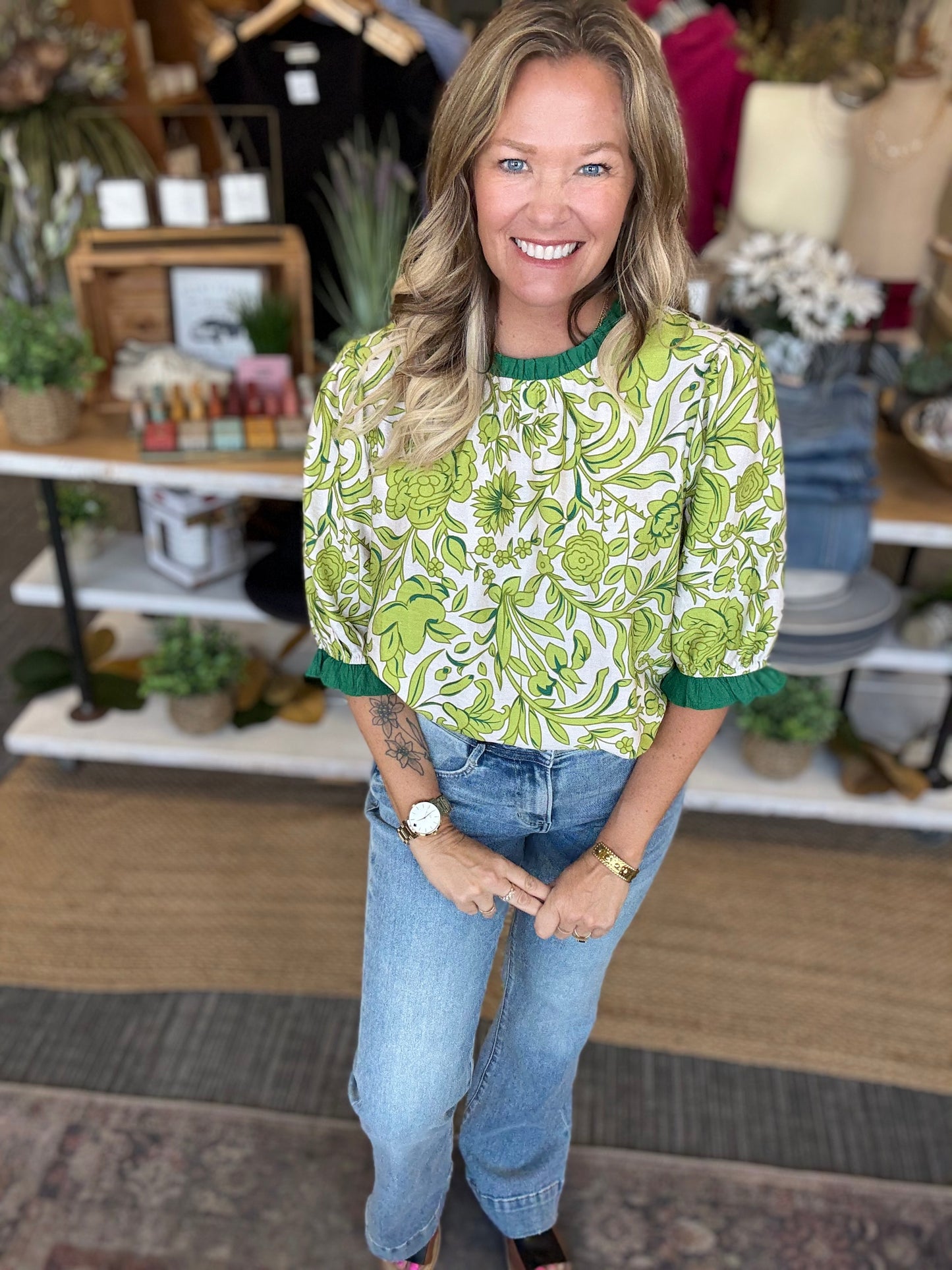 Elena Green Floral Blouse