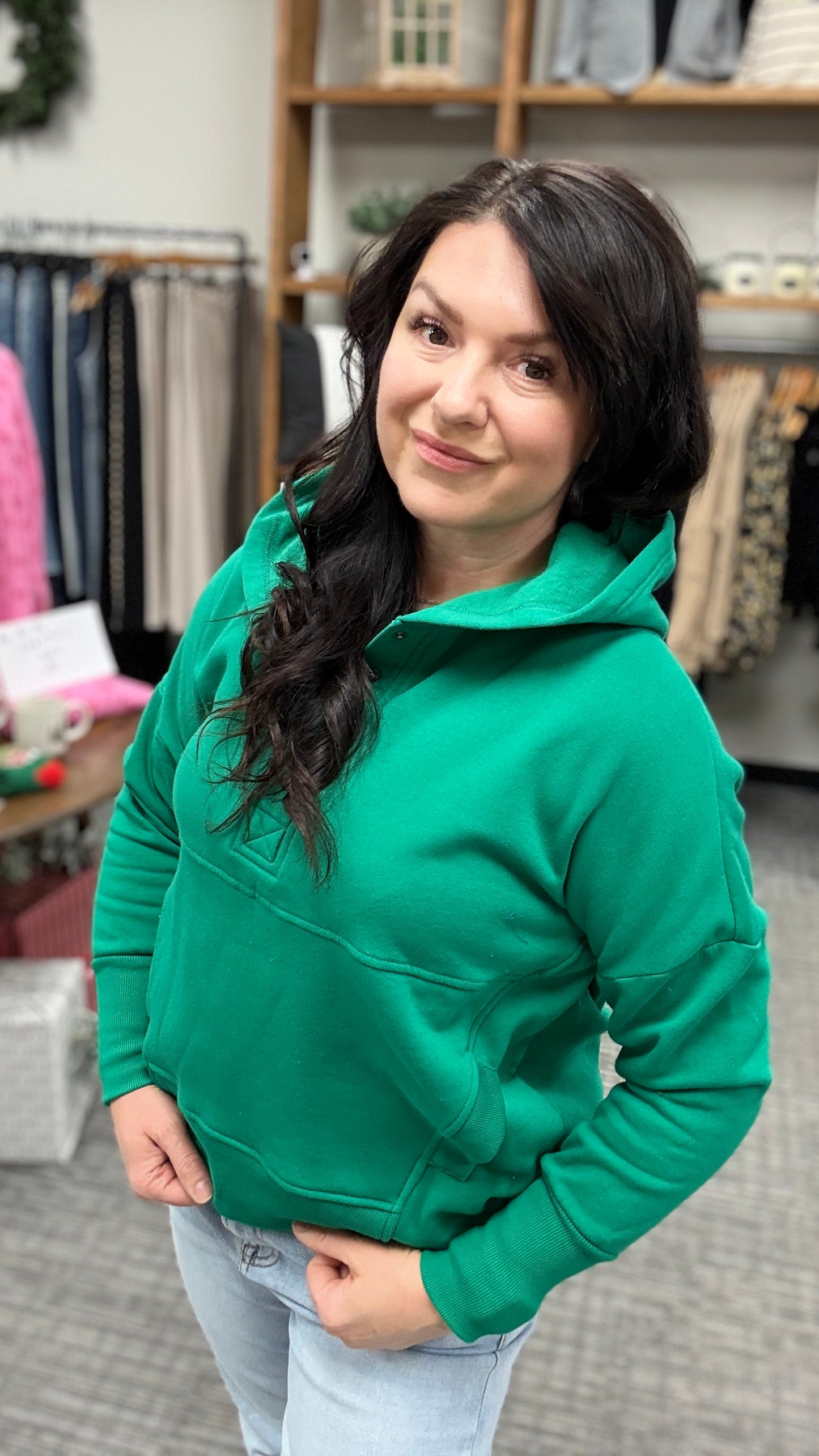 Fleece half snap button hooded sweatshirt