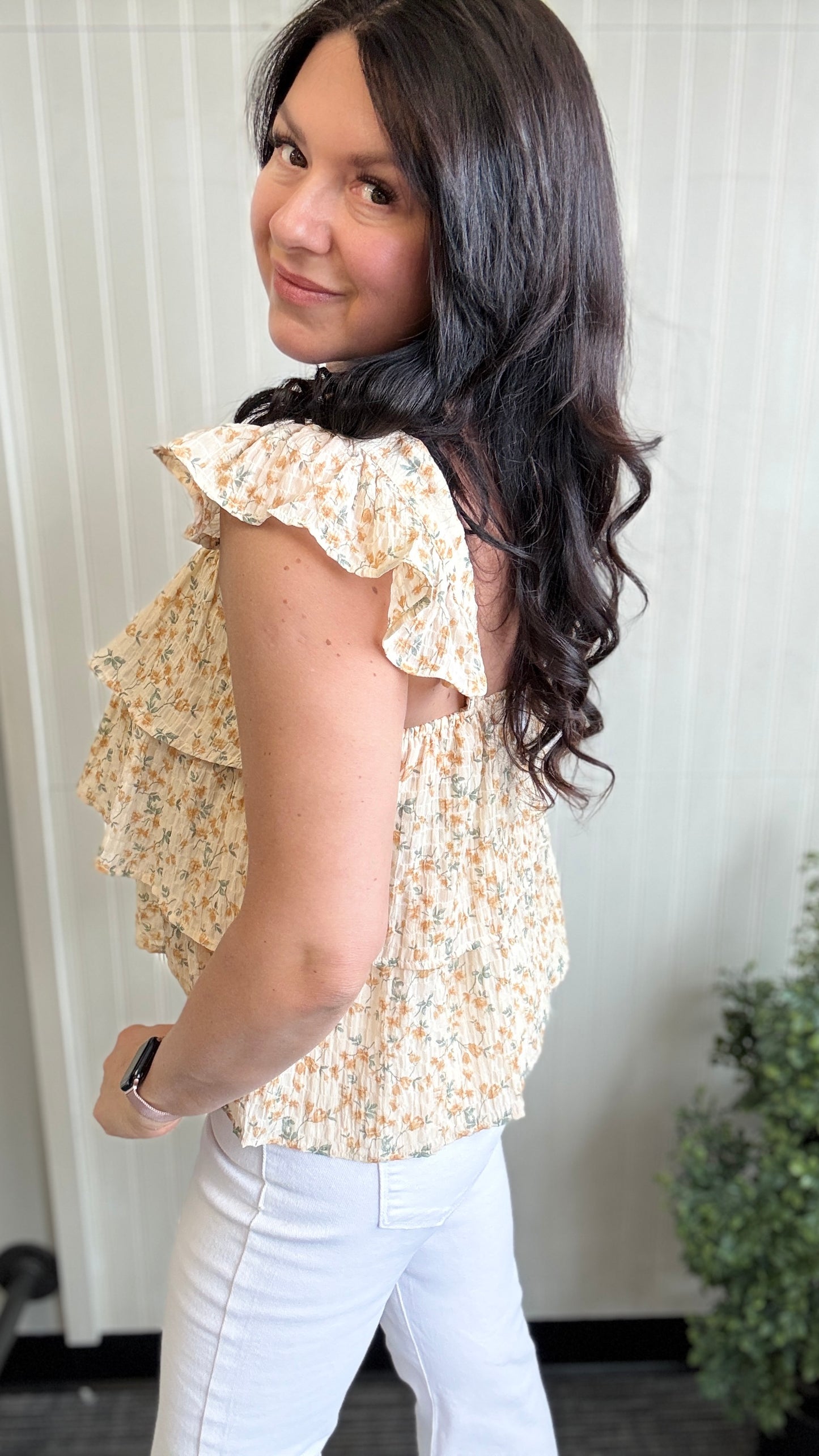Ivory Floral Ruffle Tank