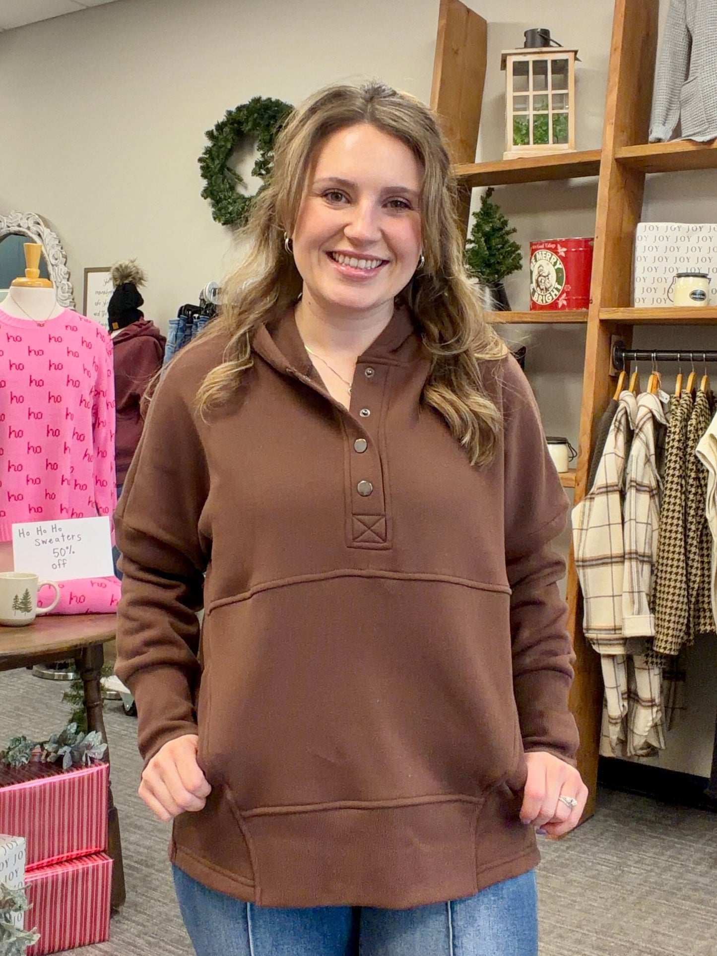 Fleece half snap button hooded sweatshirt