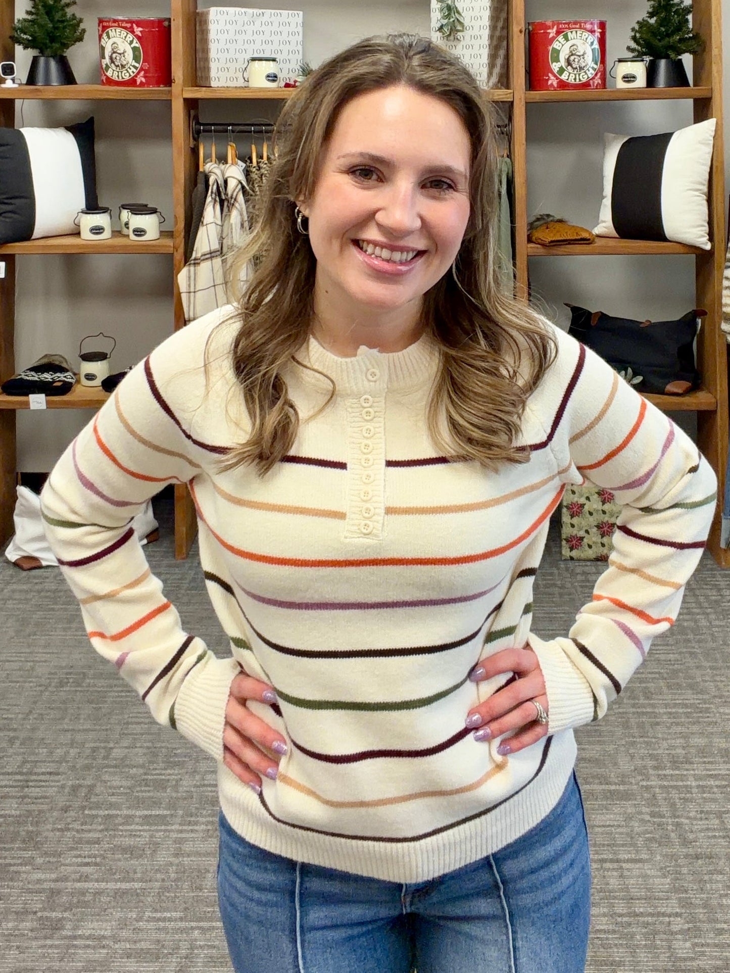 Multi Stripe Henley Sweater
