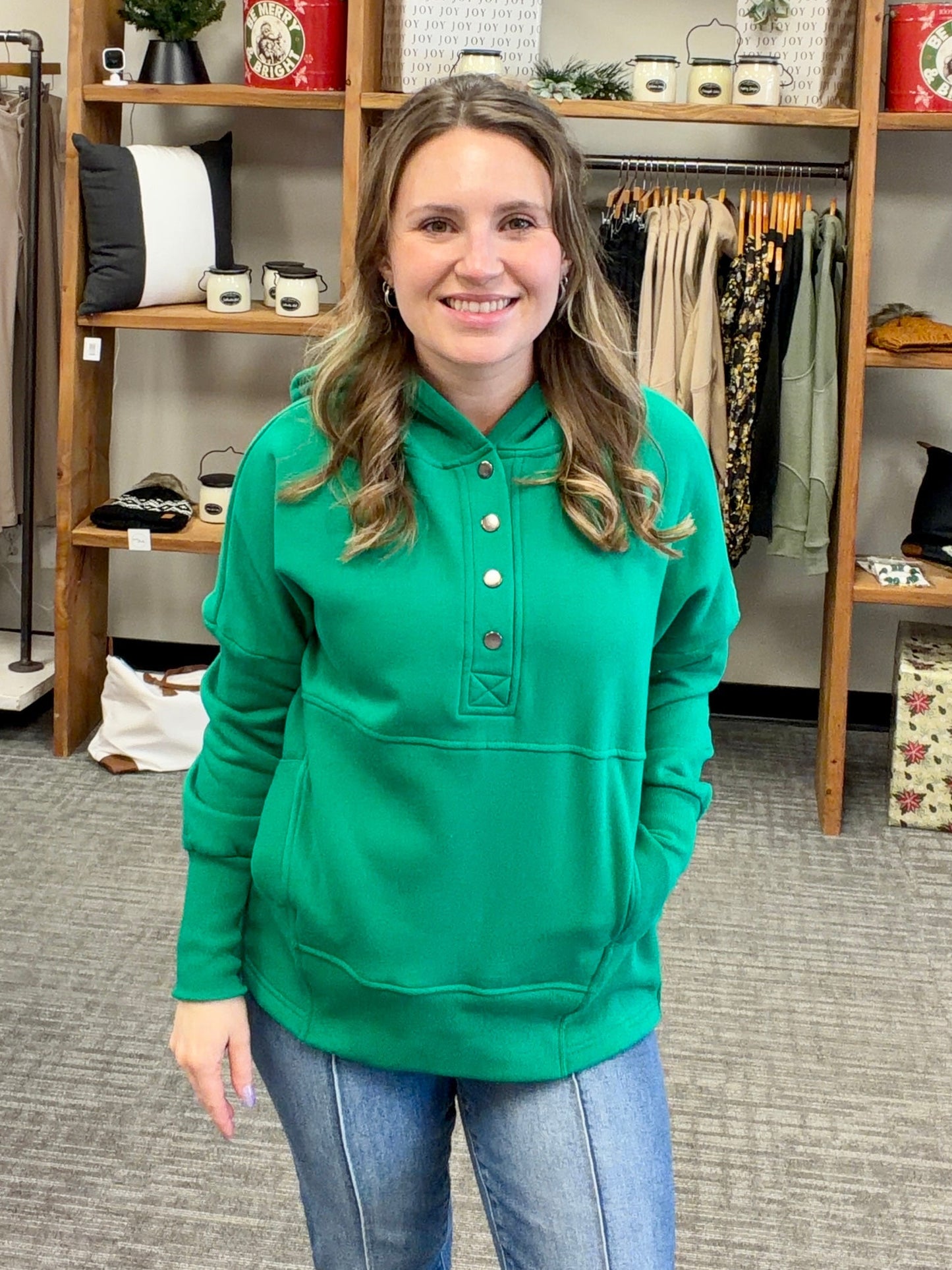 Fleece half snap button hooded sweatshirt