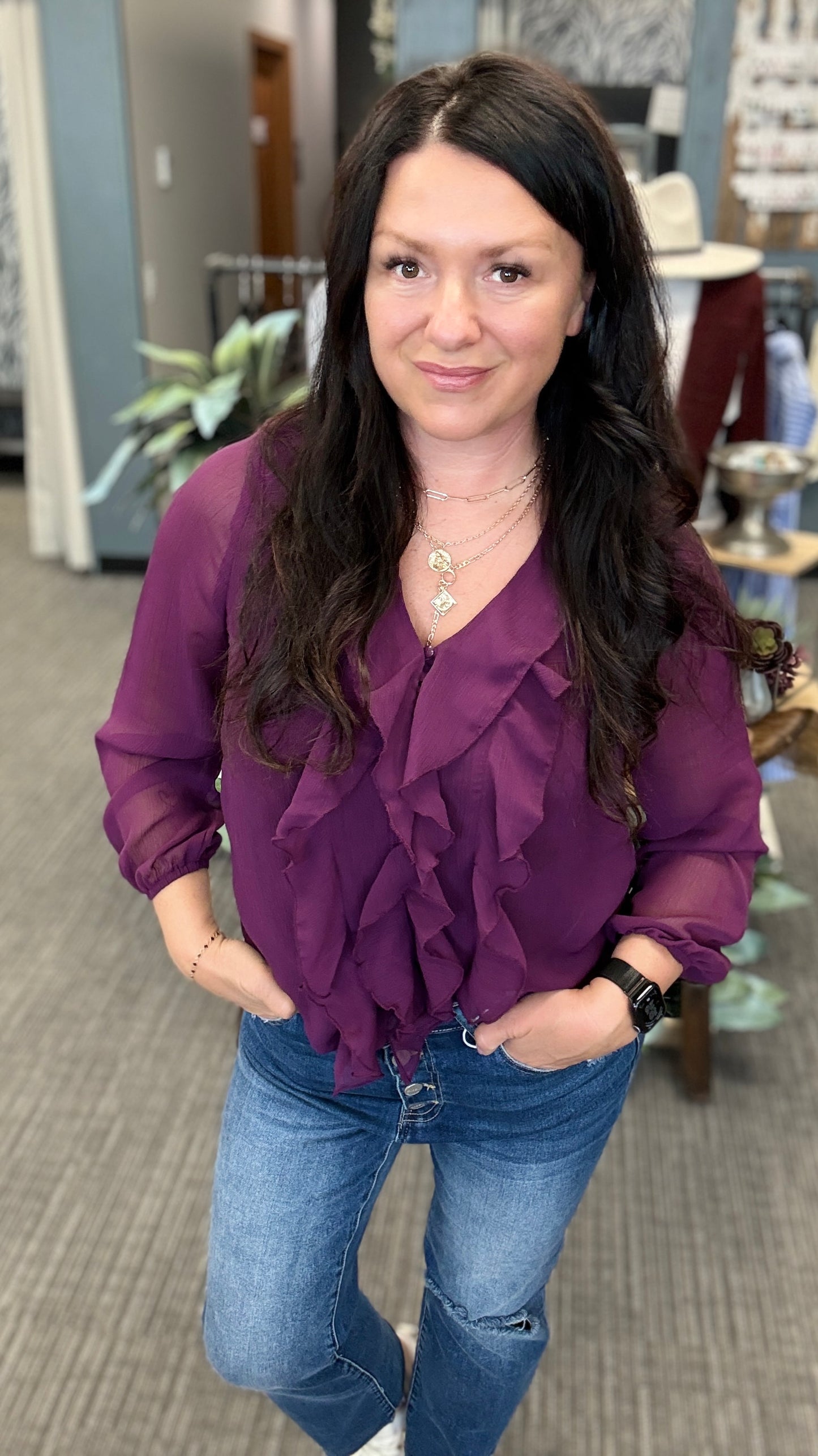Wine Sheer Ruffle Top