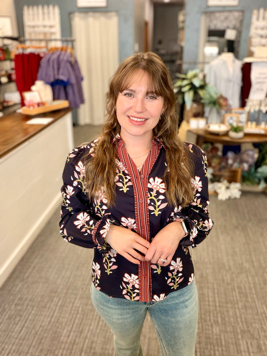 Navy Floral Contrast Blouse