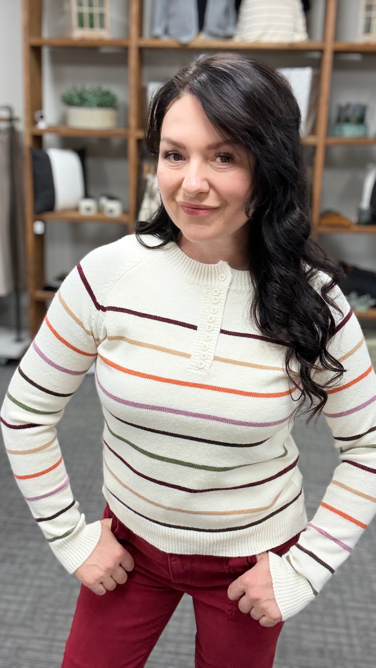 Multi Stripe Henley Sweater