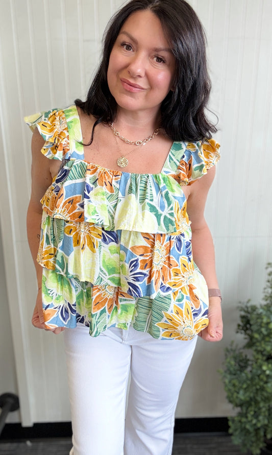 Blue Floral Ruffle Tank