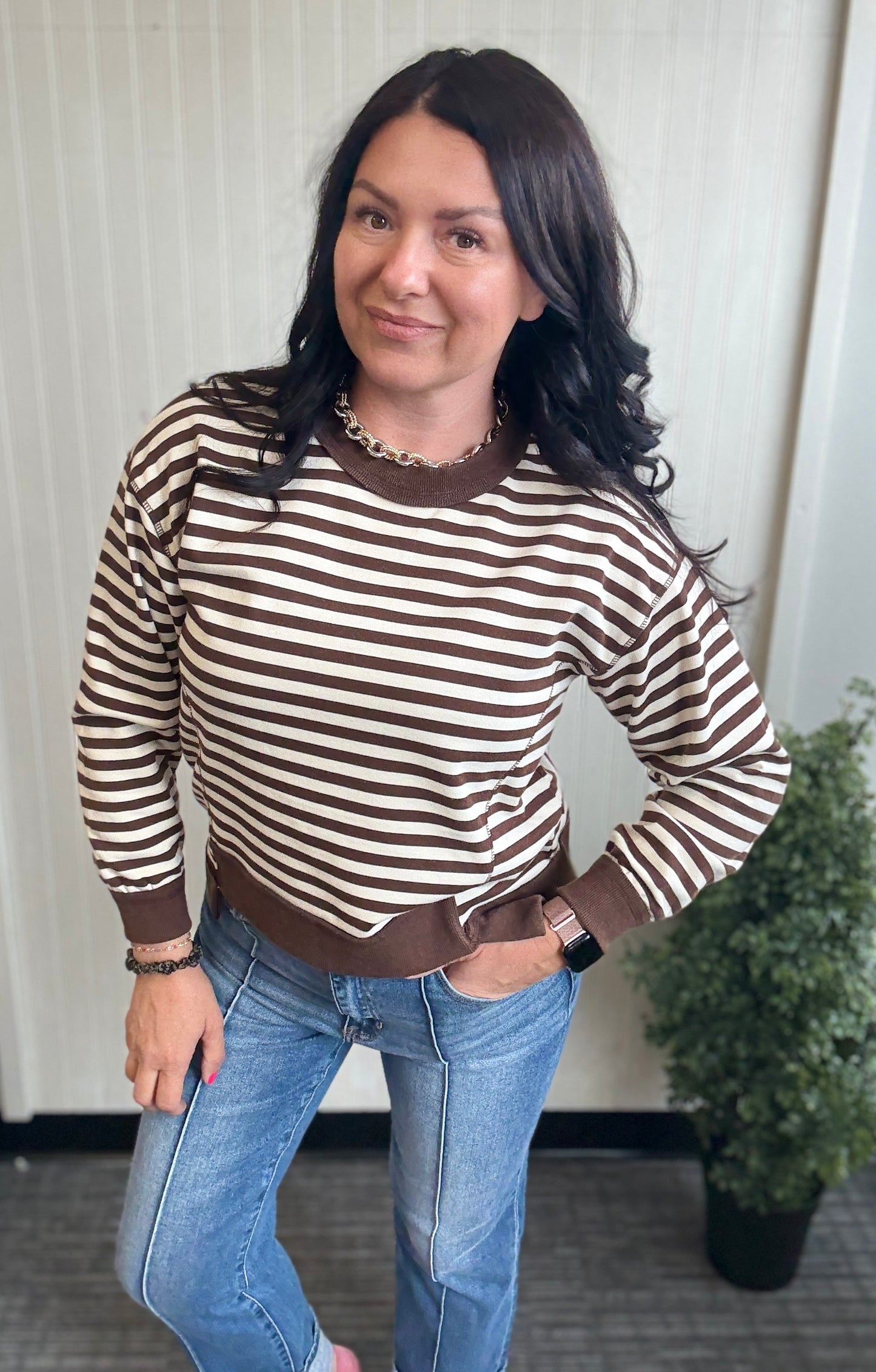 Brown & Ivory Striped Long-Sleeve
