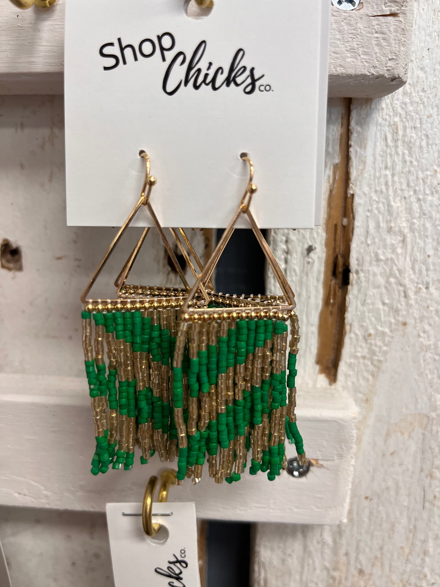 Green/gold seed bead triangle earring